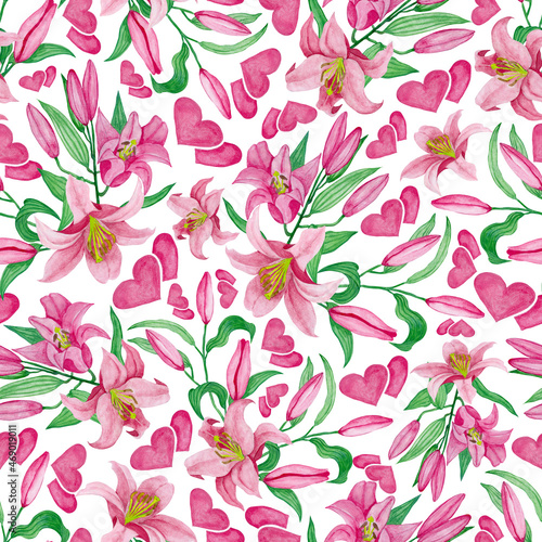 Seamless pattern. Watercolour, hand drawn illustration. Happy Valentines Day, pink lilies, pink heart, white background.