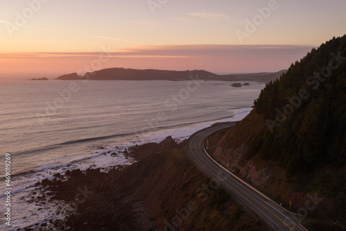 Scenic highway 101 at Oregon Coast in Port Orford during sunset.