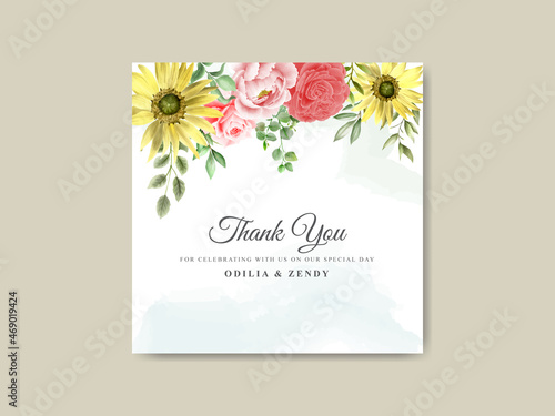 Elegant sunflower and rose watercolor wedding invitation template