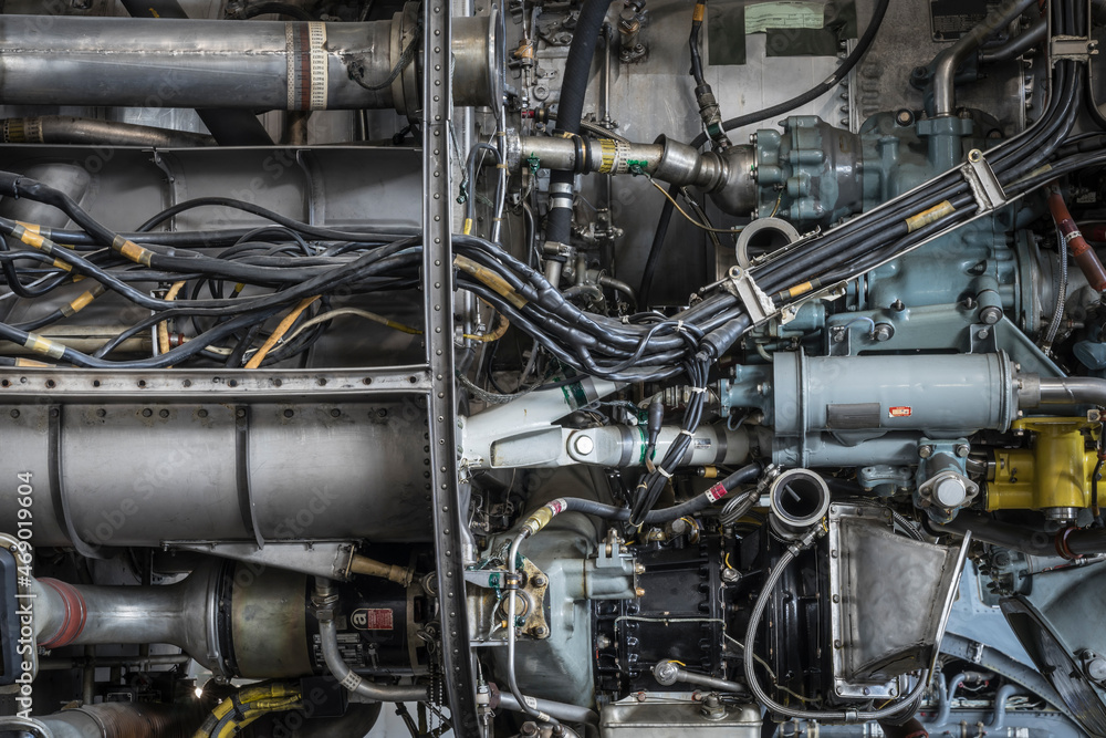 Pipework on a historic jet engine.