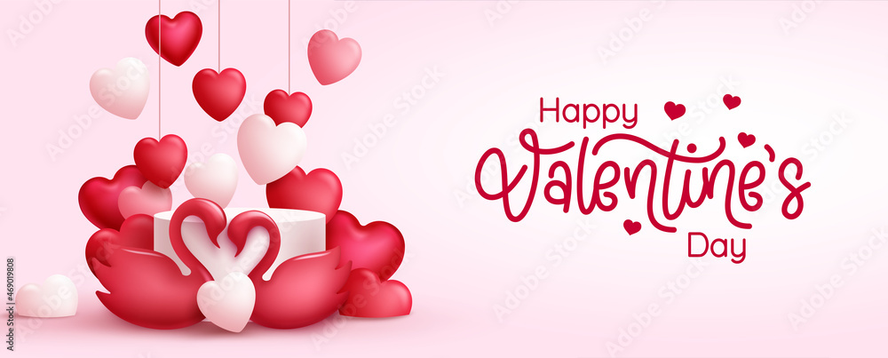 Valentines day greeting vector design. Happy valentine's day typography text with swan lovers element and hanging hearts background for romantic decoration. Vector illustration.
