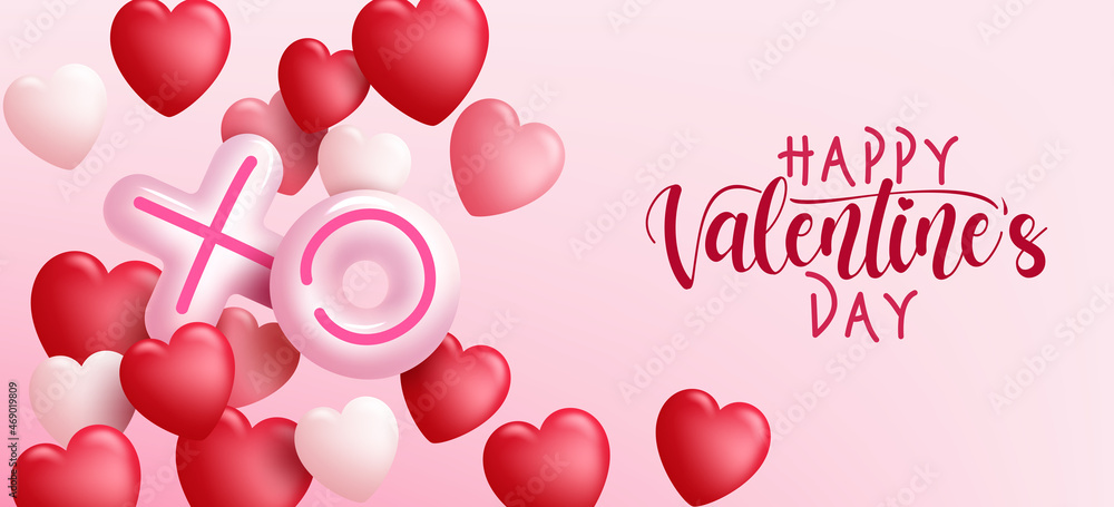 Valentines vector background design. Happy valentine's day text with balloons and floating heart decoration elements in pink background for romantic greeting messages. Vector illustration.
