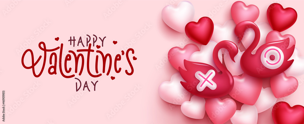 Valentines day vector design. Happy valentine's day greeting text with swan lovers and hearts element in floating balloon decor for couple romantic symbol. Vector illustration.
