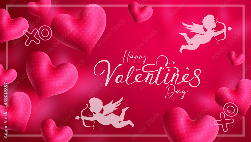 Valentines postcard vector design. Happy valentine's day typography text with hearts and cupid silhouette in greeting card for lovers celebration messages. Vector illustration.
