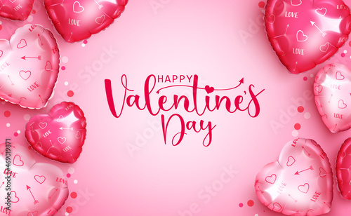 Valentine's day vector background design. Happy valentines day greeting text with hearts pattern balloons element in pink space for romantic celebration decoration. Vector illustration.
