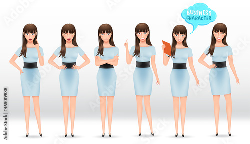 Businesswoman character vector set. Business woman characters in sexy pose and gestures with friendly and professional expressions for young female employee design. Vector illustration.
