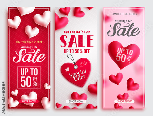 Valentines sale vector poster set. Valentine's day sale text with hearts and price tag up to 50% off discount for love celebration shopping promo offer advertisement. Vector illustration.
