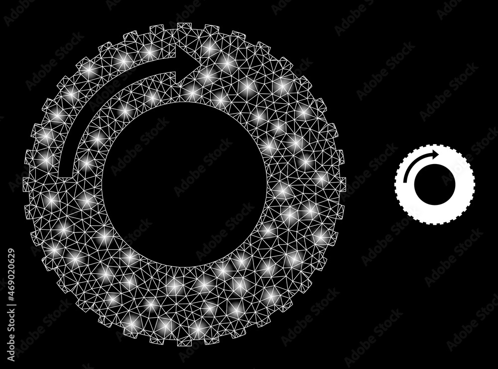 Glossy polygonal mesh web tire rotaion direction icon with glitter effect on a black background. Wire frame tire rotaion direction iconic vector with glitter dots in majestic colors. Glossy polygonal mesh web tire rotaion direction icon with glitter effect on a black background. Wire frame tire rotaion direction iconic vector with glitter dots in majestic colors.