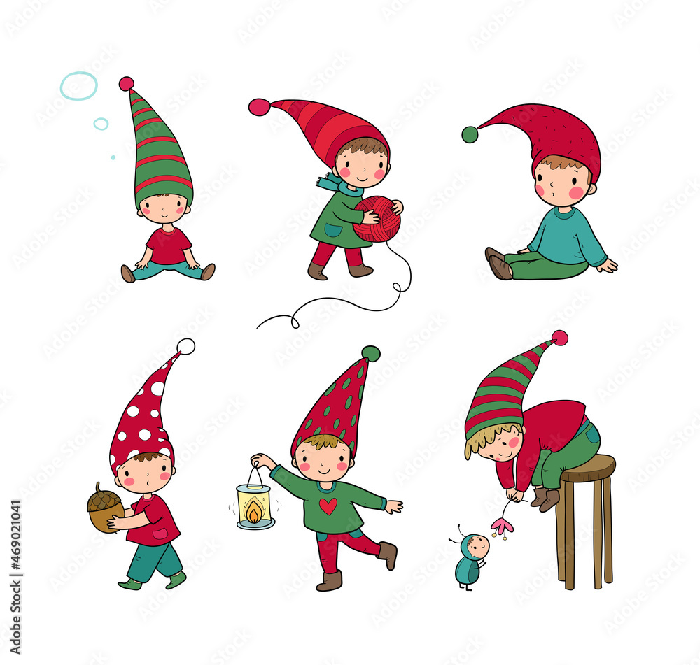 Cute cartoon gnomes . Forest elves. Little fairies. Little cheerful boys in winter hats.