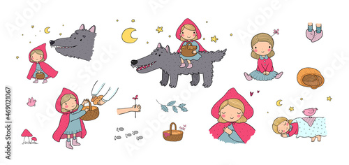 Fototapeta Naklejka Na Ścianę i Meble -  Little Red Riding Hood fairy tale. Little cute girl and big wolf. Hand drawing isolated objects on white background. Vector