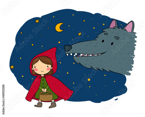 Little Red Riding Hood fairy tale. Little cute girl and big wolf. Hand drawing isolated objects on white background. Vector