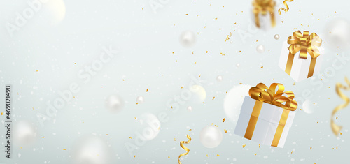 Christmas and New Year banner on a light background with levitating gift boxes and white balls. Realistic holiday background