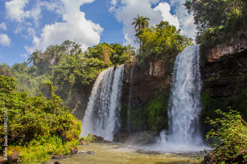 Beautiful tropical waterfall, Salto Dos Hermanos, iguazu falls with clouds photo