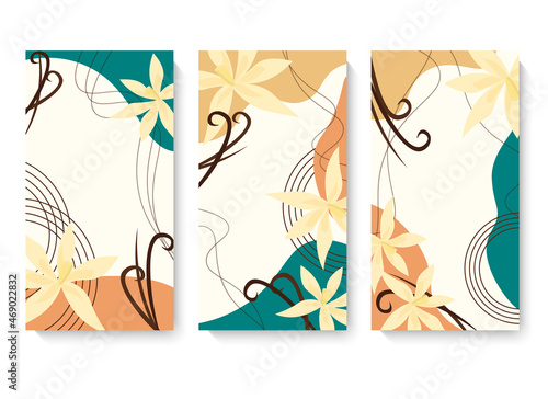 Set of card templates with abstract spots and vanilla flowers. Vector illustration. For cafes and restaurants, menus, logos, postcards and flyers, packaging, coffee shops, prints, social media design.