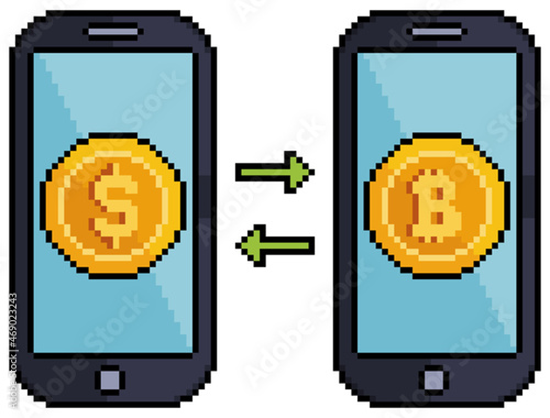 Pixel art buy bitcoin on mobile phone.  Investment in cryptocurrencies 8bit vector on white background
