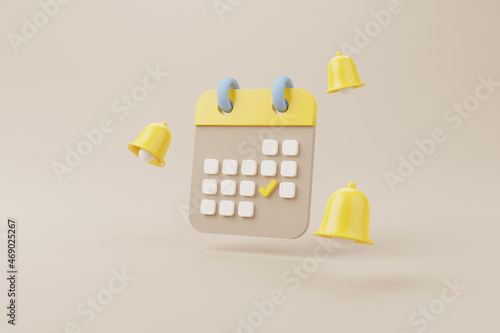 Yellow notification bell ringing and calendar deadline on brown background. 3d rendering illustration