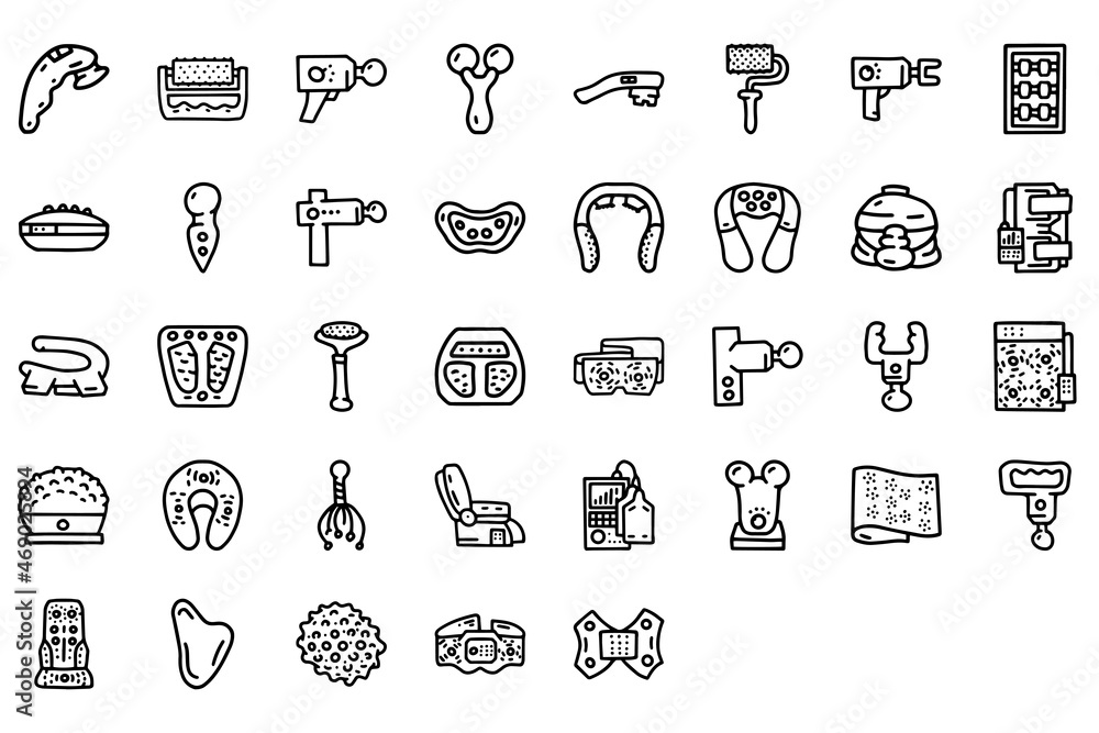 Massage equipment line vector doodle simple icon set Massage equipment line vector doodle simple icon set