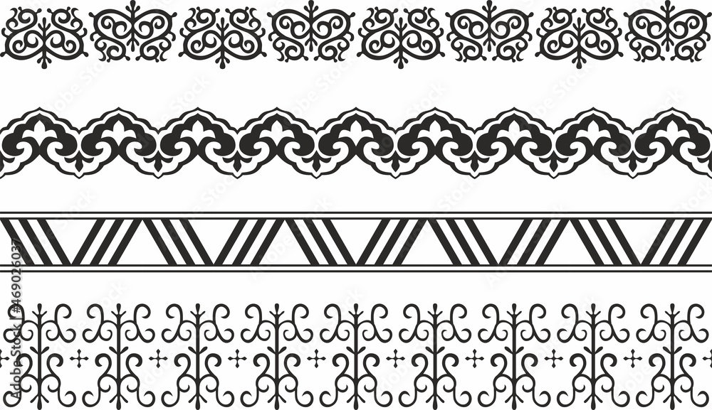 Vector set of seamless monochrome Yakut borders. Asian frames for decoration and ceramics, laser and plotter cutting. National ornaments of the peoples of the north.
Vector set of seamless monochrome Yakut borders. Asian frames for decoration and ceramics, laser and plotter cutting. National ornaments of the peoples of the north.