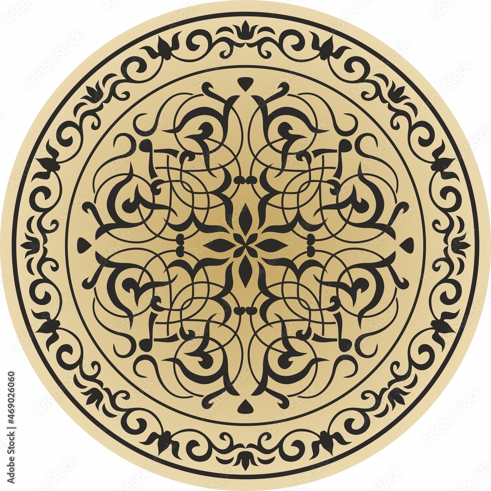 Vector round golden classic ornament. A circle with a black pattern. Ceiling decoration, ancient Rome, Greece.
Vector round golden classic ornament. A circle with a black pattern. Ceiling decoration, ancient Rome, Greece.