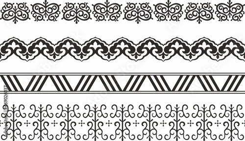 Vector set of seamless monochrome Yakut borders. Asian frames for decoration and ceramics, laser and plotter cutting. National ornaments of the peoples of the north.
