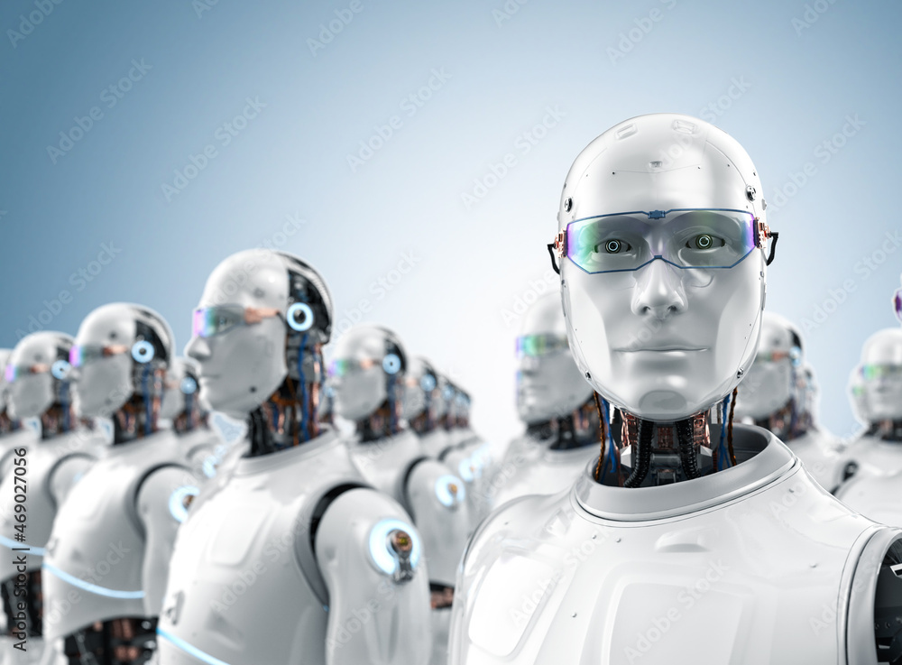 Group of artificial intelligence robots or cyborgs