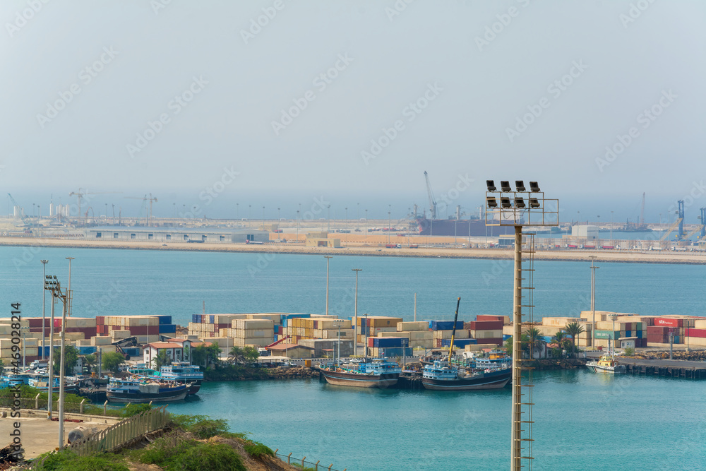 chabahar, iran 27 october 2021, panorama view from the international Port of Shahid Beheshti in chabahar with cargo ships, iran