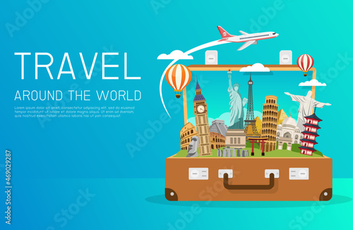 Open suitcase with landmarks. world bag and attraction. travel around the world. Road trip. Tourism and vacation. vector illustration in flat style modern design.