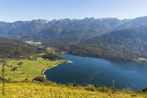Beautiful Lake Bohinj surrounded by mountains of Triglav national park, Slovenia