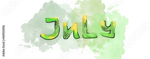 Multicolor Watercolor lettering July month with blot on white background. Summer green and yellow color photo