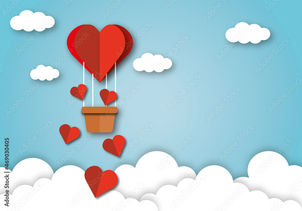 Red hearts with balloon basket on cloud and sky background, pastel backdrops, greeting design, illustration for greeting card of valentine or wedding, Love concept, paper art design style.
