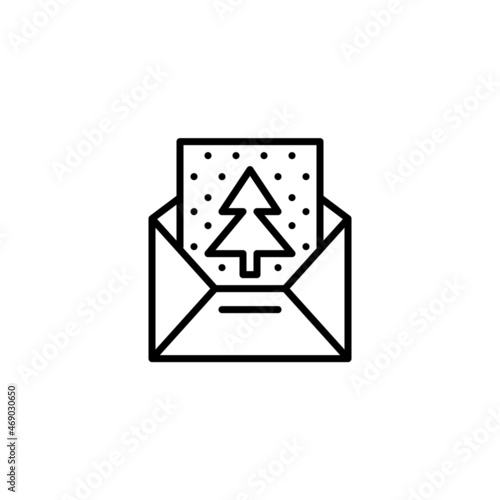 Christmas mail. Greeting card with fir tree and snow in an envelope. Pixel perfect, editable stroke icon