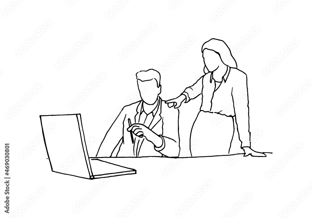 An interesting discussion between two employees of a company, at a desk, with a laptop, pen in hand, and pointing to a monitor. vector draw graphic design illustration sketch An interesting discussion between two employees of a company, at a desk, with a laptop, pen in hand, and pointing to a monitor. vector draw graphic design illustration sketch