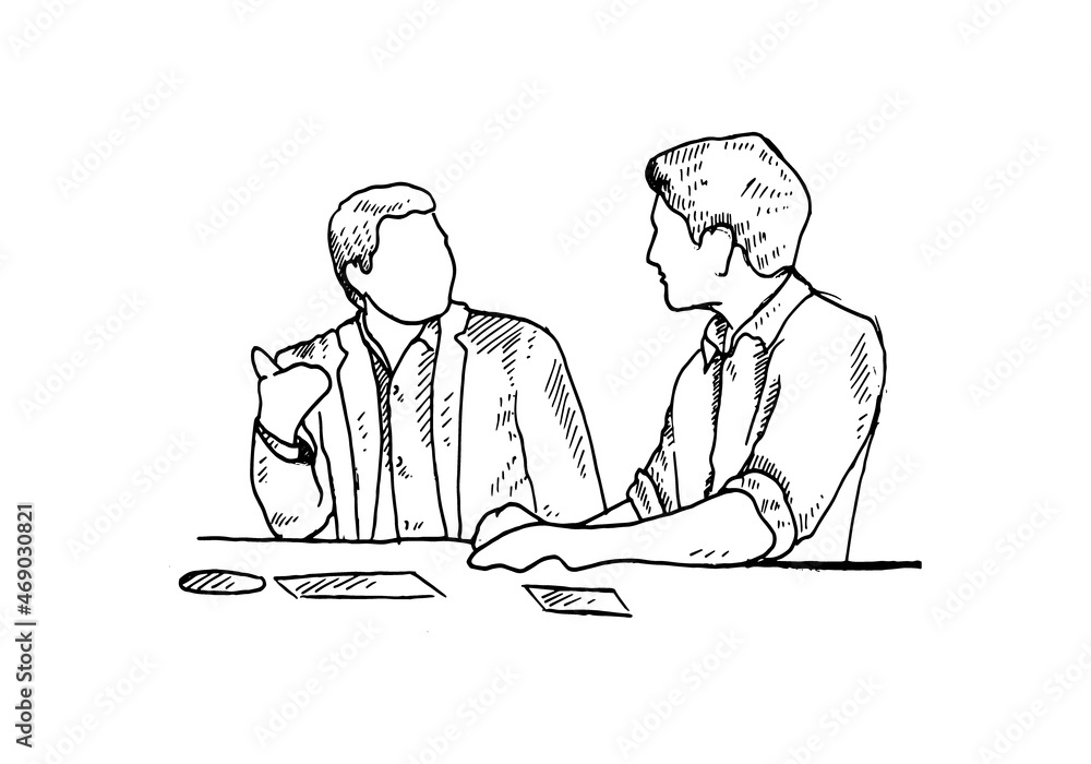 The two friends were having a casual discussion at a cafe, while waiting for the dishes to arrive. vector draw graphic design illustration sketch