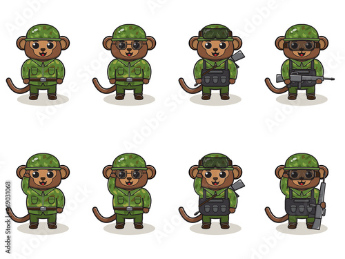 Cute Monkey Army cartoon. Set of Animal soldiers. flat animal cartoon character design. Soldiers Isolated vector illustration.