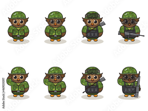 Cute Owl Army cartoon. Set of Animal soldiers. flat animal cartoon character design. Soldiers Isolated vector illustration.