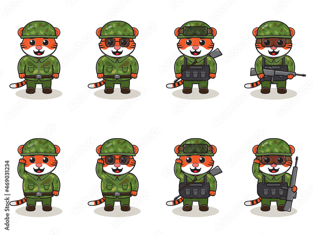 Obraz premium Cute Tiger Army cartoon. Set of Animal soldiers. flat animal cartoon character design. Soldiers Isolated vector illustration.