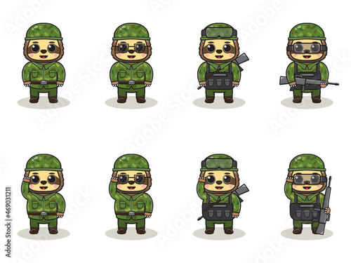 Cute Sloth Army cartoon. Set of Animal soldiers. flat animal cartoon character design. Soldiers Isolated vector illustration.