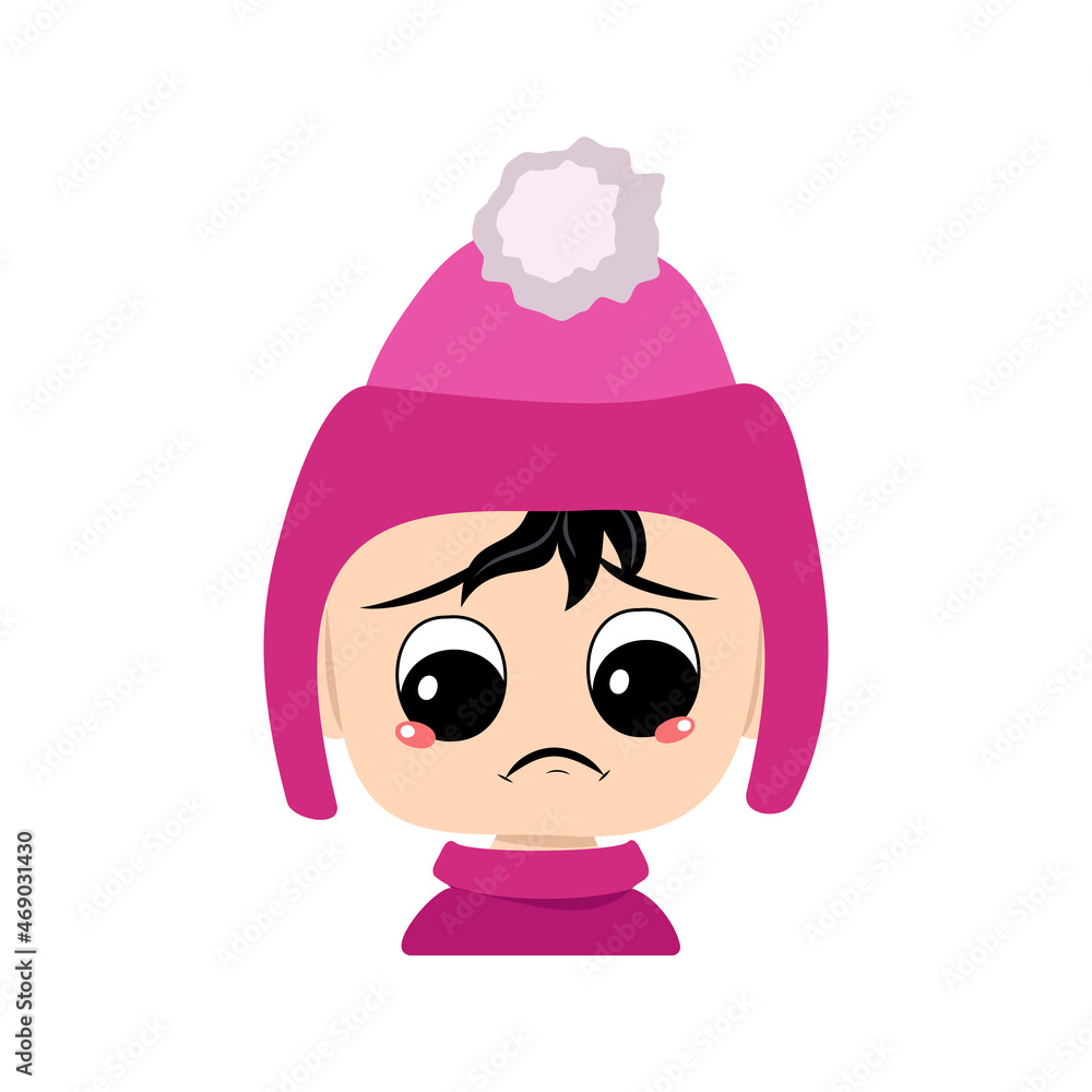 Baby with sad emotions, depressed face, down eyes in pink hat with pom pom. Kid with melancholy expression in headdress Baby with sad emotions, depressed face, down eyes in pink hat with pom pom. Kid with melancholy expression in headdress