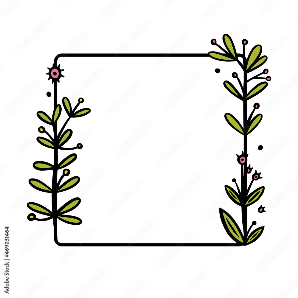 Rustic wreath divider with handdrawn flowers. Square doodle wreath. Doodle vector illustration isolated in white background Rustic wreath divider with handdrawn flowers. Square doodle wreath. Doodle vector illustration isolated in white background