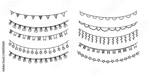 Garlands with flags, bulbs and stars for carnival or celebration. Set of decor garlands isolated on white background. Vector illustration in doodle style