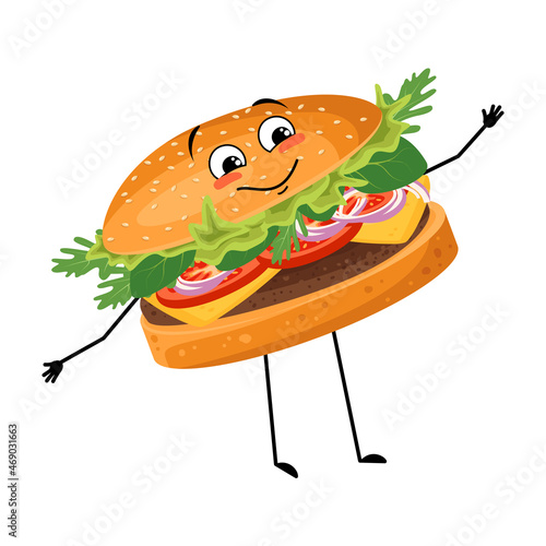 Cute character hamburger with happy emotions, face, smile, eyes, arms and legs. Cheerful fast food person, sandwich with joyful expression. Vector flat illustration of products and meat meals