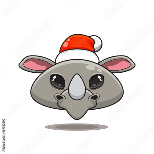 Fototapeta Naklejka Na Ścianę i Meble -  cute rhino wearing christmas hat, cute animal head wearing santa hat, cartoon character in kawaii and glossy style