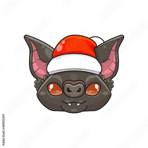 cute bat wearing christmas hat  cute animal head wearing santa hat  cartoon character in kawaii and glossy style