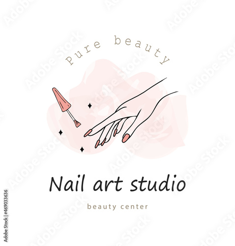 Female manicured hand. Lady painting, polishing nails. Nail polish. Vector Illustration of Elegant female hands in a trendy minimalist style. Beauty logo for nail studio or spa salon.