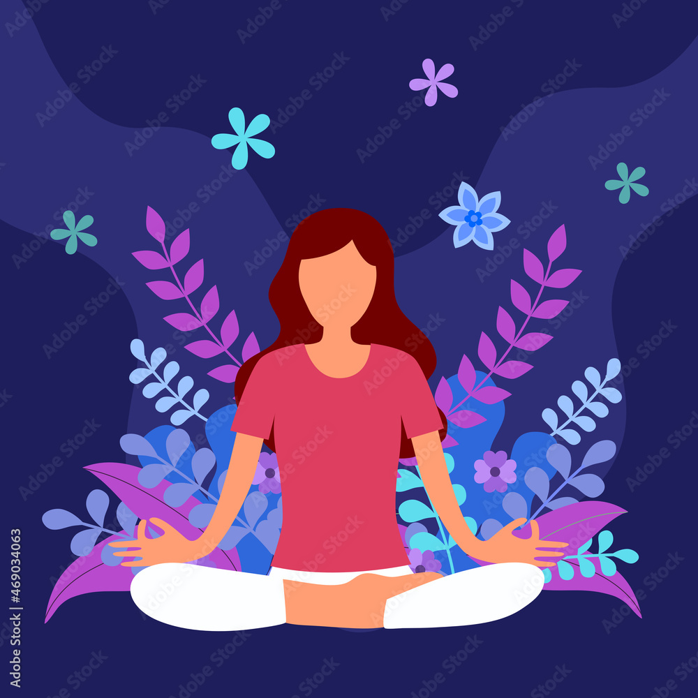 Woman meditation with natural leaves on background in flat design. Peaceful and calm relaxation. Female make yoga and mind concentration.