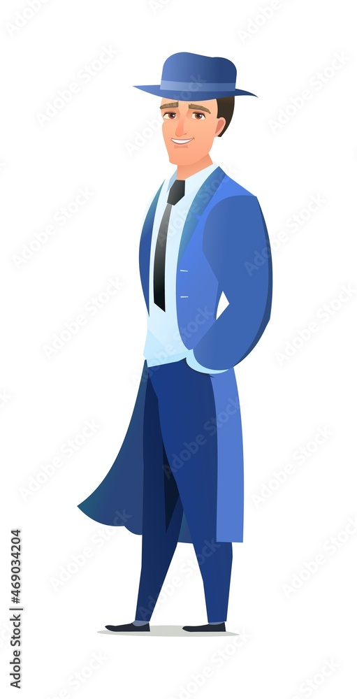 Man in an autumn cloak. Guy in warm clothes for rain. Cheerful person. Standing pose. Cartoon comic style flat design. Single character. Illustration isolated on white background. Vector Man in an autumn cloak. Guy in warm clothes for rain. Cheerful person. Standing pose. Cartoon comic style flat design. Single character. Illustration isolated on white background. Vector
