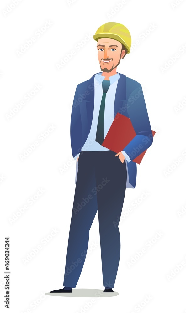 Man engineer in suit and protective helmet. Office guy at construction site. Cheerful person. Standing pose. Single Character cartoon comic style. Illustration isolated on white background. Vector Man engineer in suit and protective helmet. Office guy at construction site. Cheerful person. Standing pose. Single Character cartoon comic style. Illustration isolated on white background. Vector
