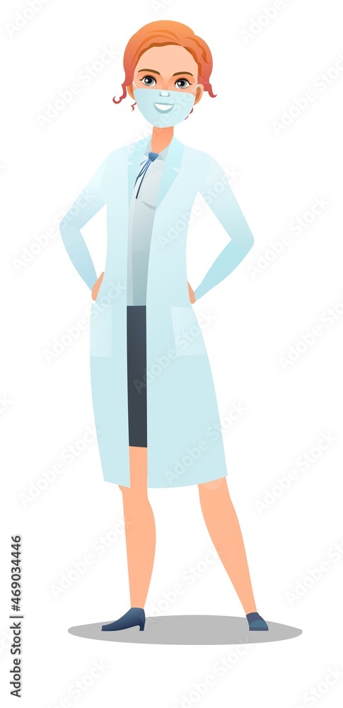 Optimistic woman doctor in dressing gown and humor mask. Cheerful persons in standing pose. Cartoon comic style flat design. Separate girl character. Illustration isolated white background. Vector Optimistic woman doctor in dressing gown and humor mask. Cheerful persons in standing pose. Cartoon comic style flat design. Separate girl character. Illustration isolated white background. Vector