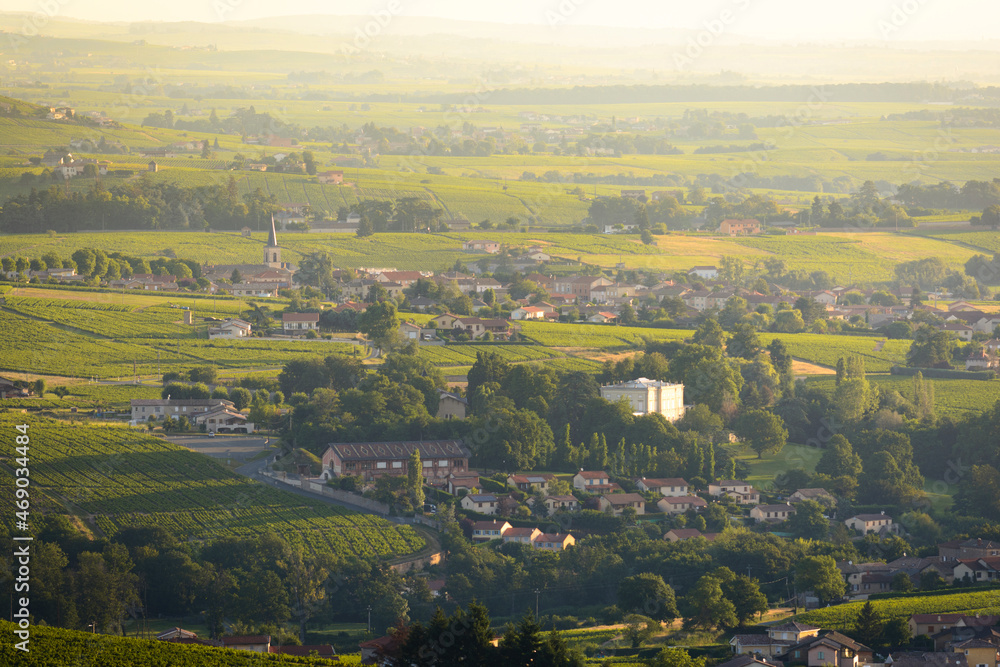Village of Saint Etienne des Oullieres with his vineyards in Beaujolais Land, France