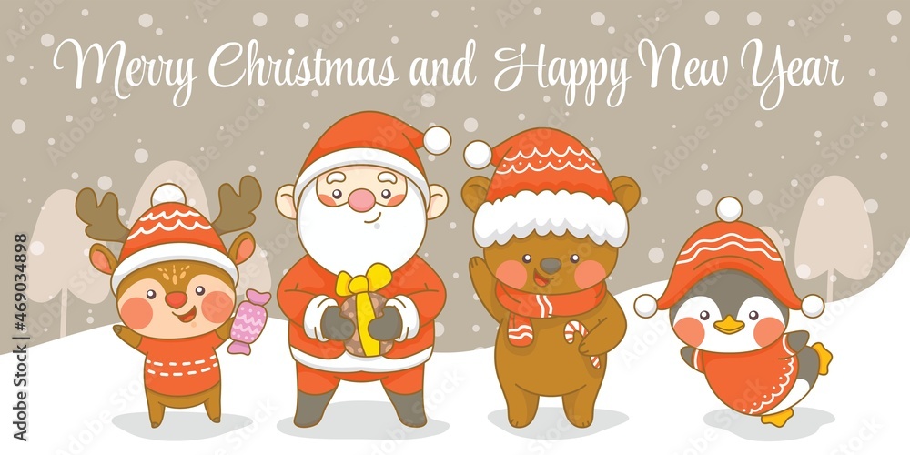 Cute santa deer penguin and bear with christmas and new year greeting banner Cute santa deer penguin and bear with christmas and new year greeting banner
